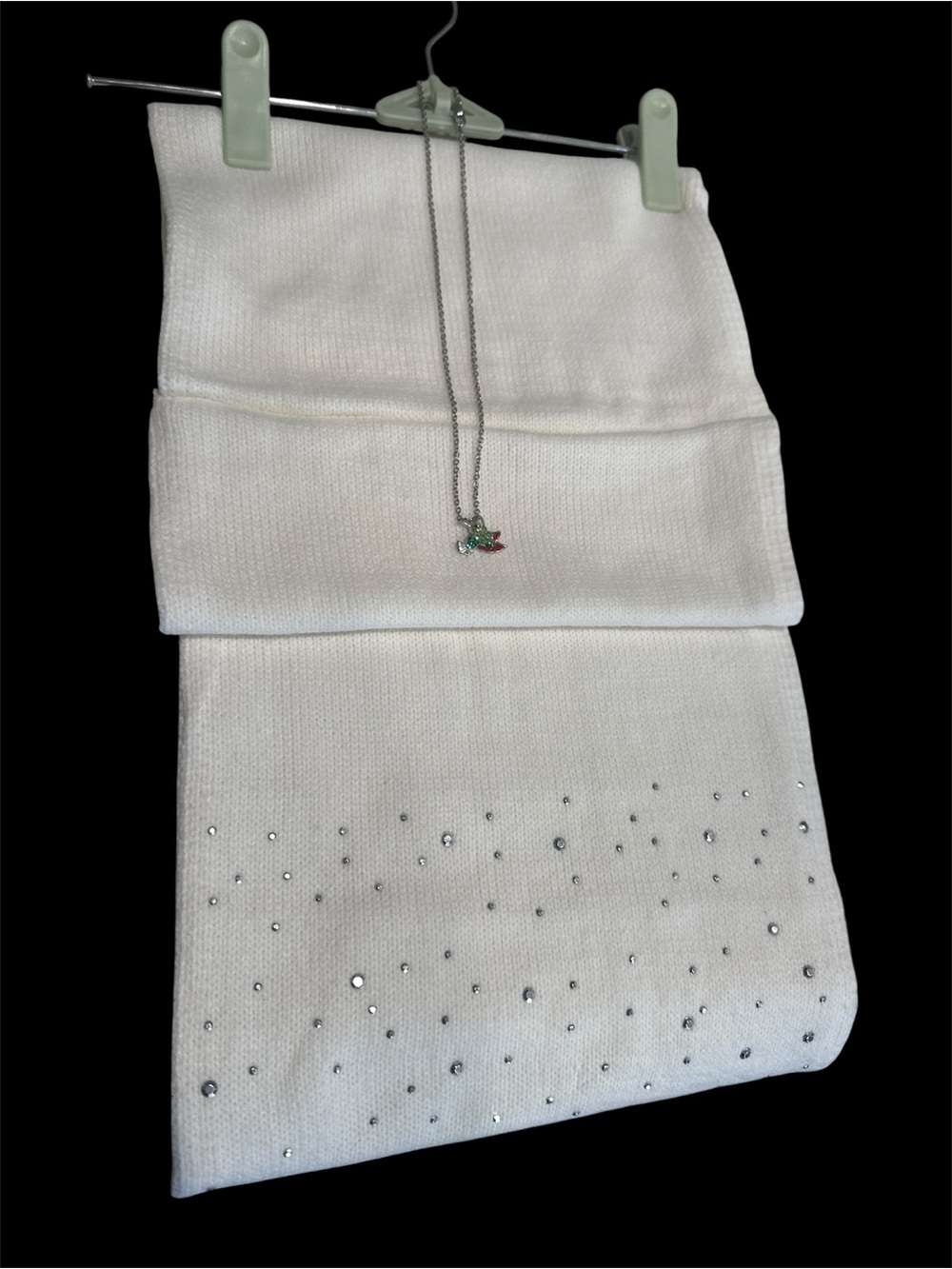 White Knit Scarf /necklace set with Crystal Embellishments